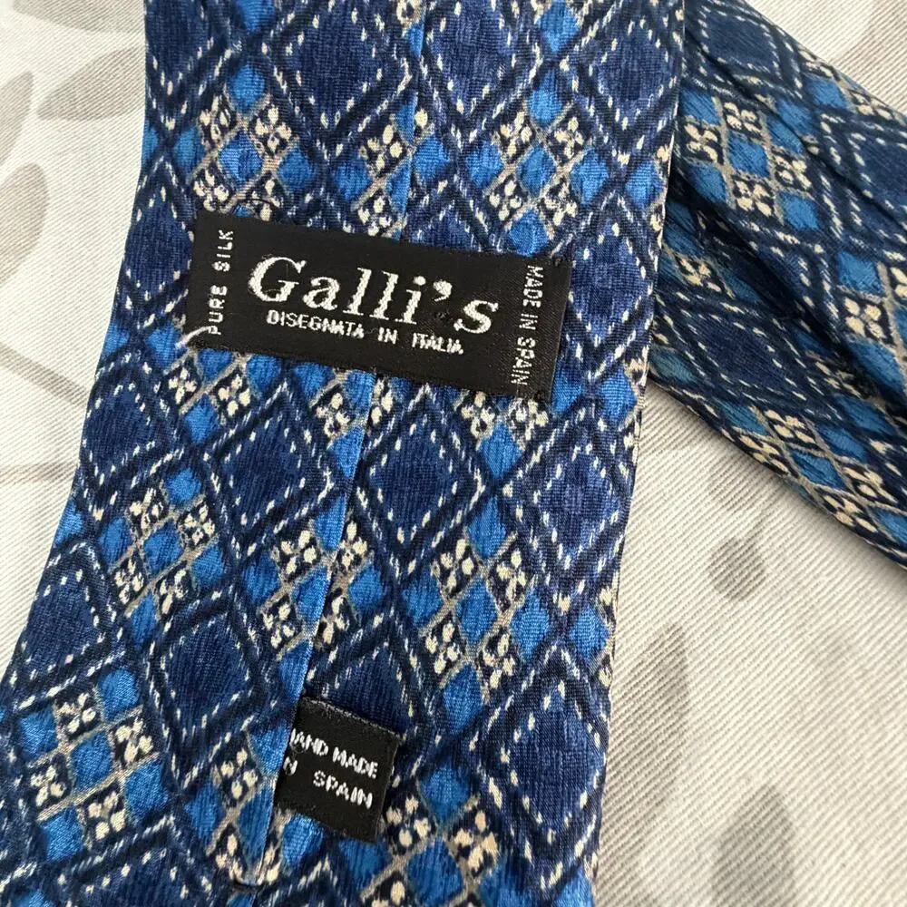 Galli's 100% Silk Necktie Spain Italy Blues and cream Classic 60.5 in long